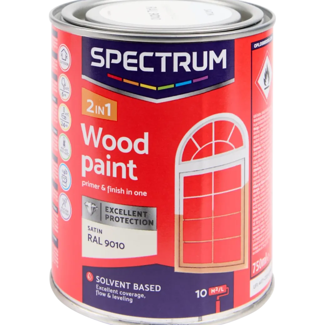Peinture laque satinée pour bois 2-en-1 Spectrum RAL 9010 Blanc 750 ml | Action FR